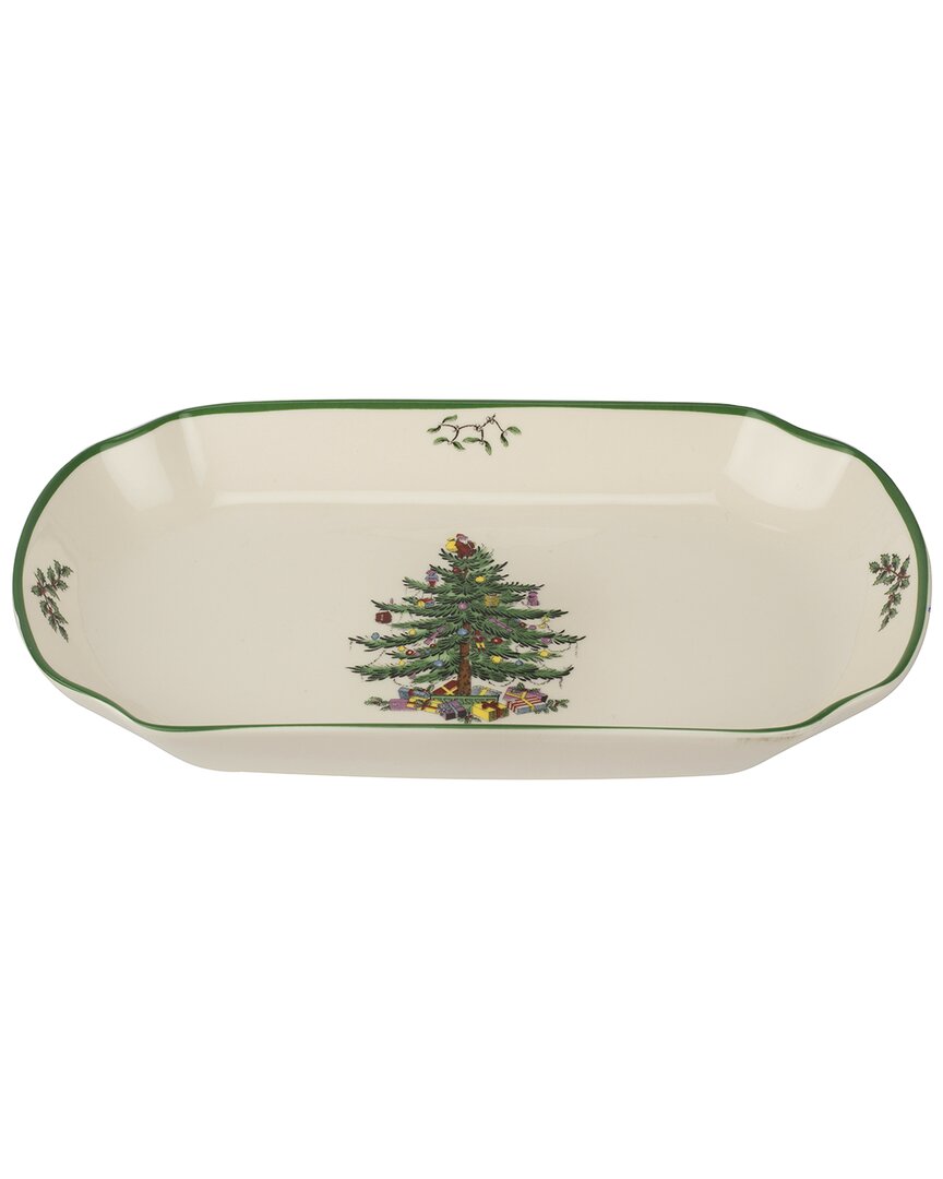 Spode Christmas Tree Rectangular Scalloped Tray In Green