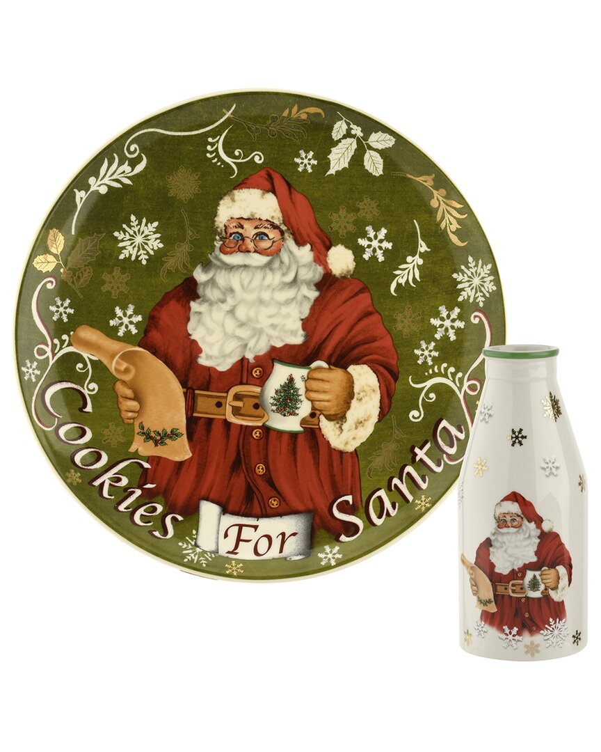 Spode Christmas Tree 2pc Cookies For Santa Plate & Bottle In Green