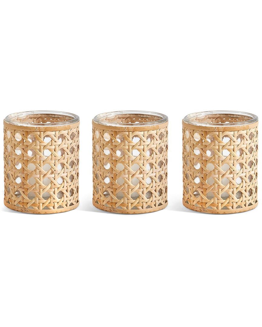 Two's Company Lumingnon Set Of 3 Cane Webbing Candleholder/vases In Beige