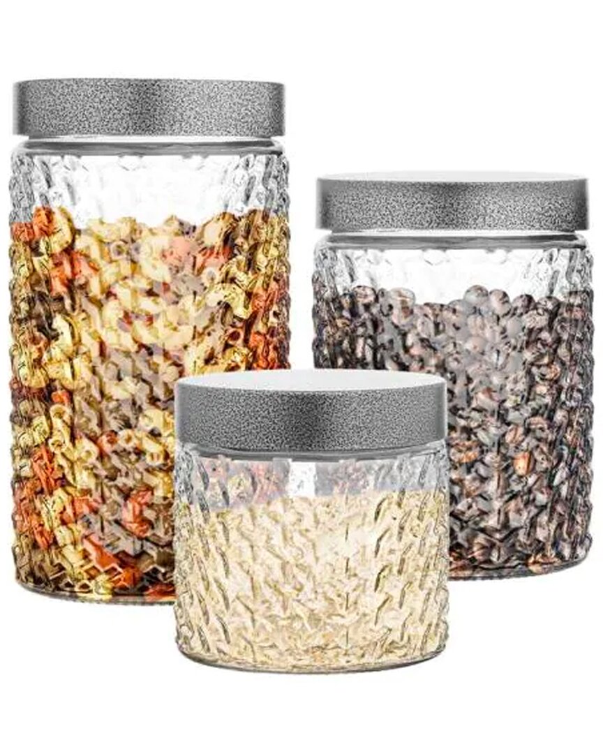 STYLESETTER STYLESETTER WEAVE ROUND SET OF 3 GLASS CANISTER WITH SILVER LID
