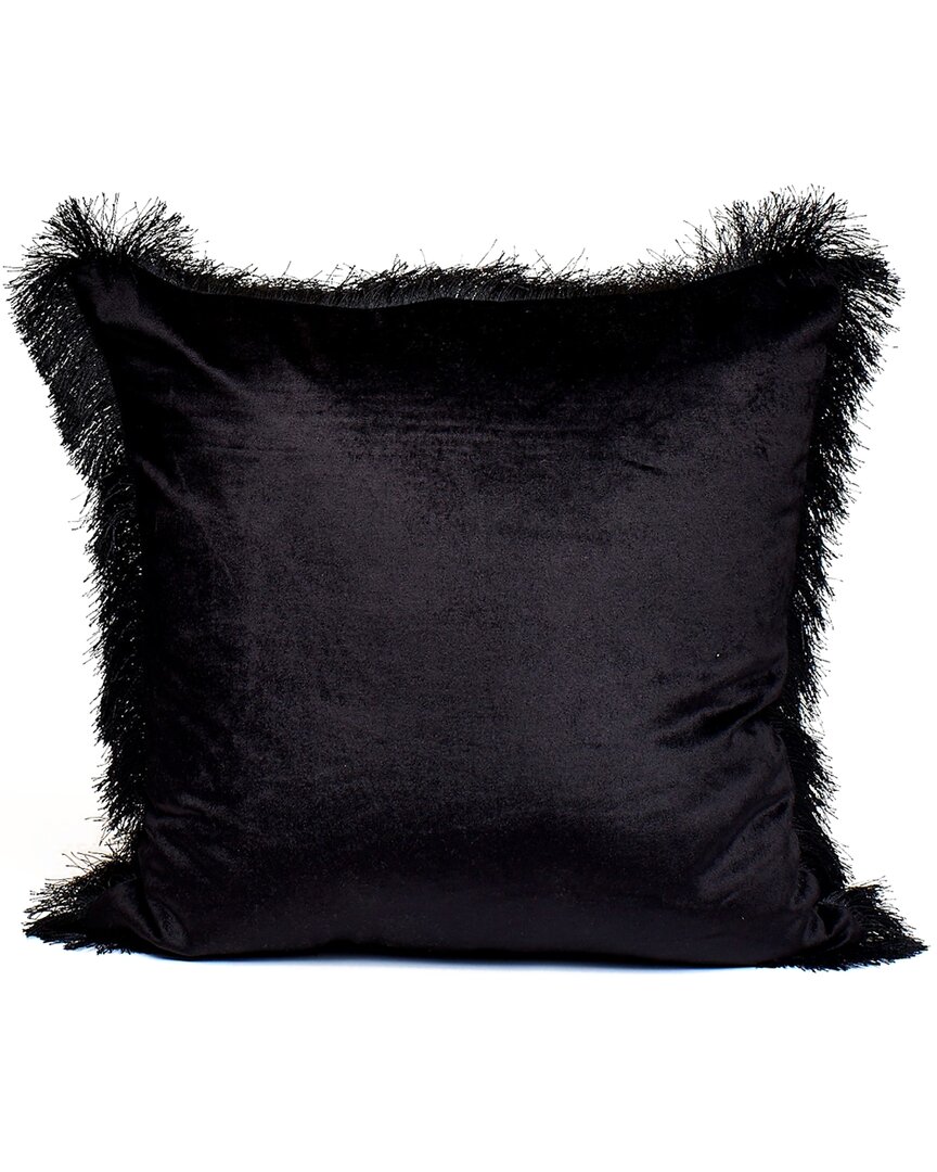 Harkaari Velvet Throw Pillow With Fringe Border In Black