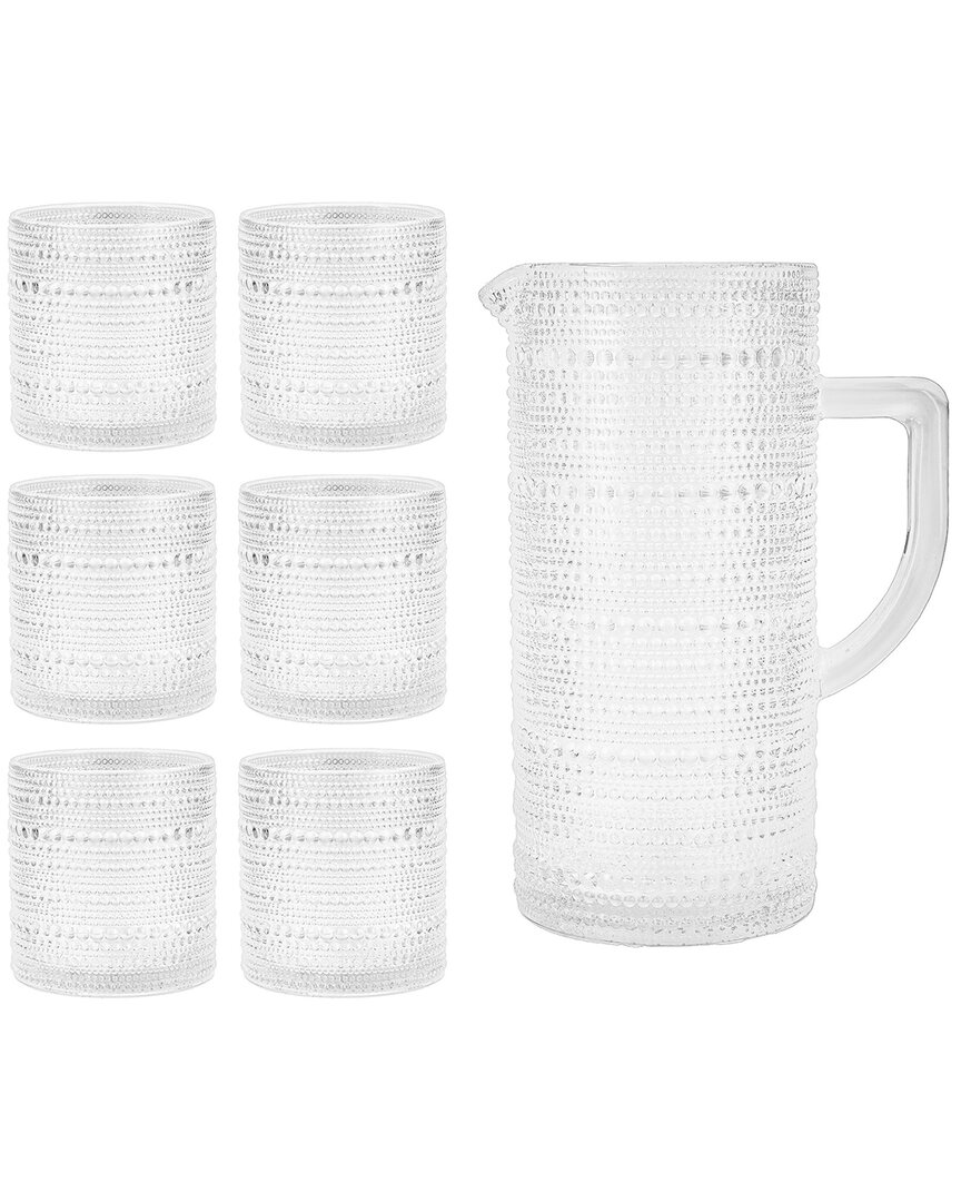Fortessa Jupiter Beaded Glass Pitcher With 6 Double Old Fashioned Glasses, Set Of 7 In Transparent