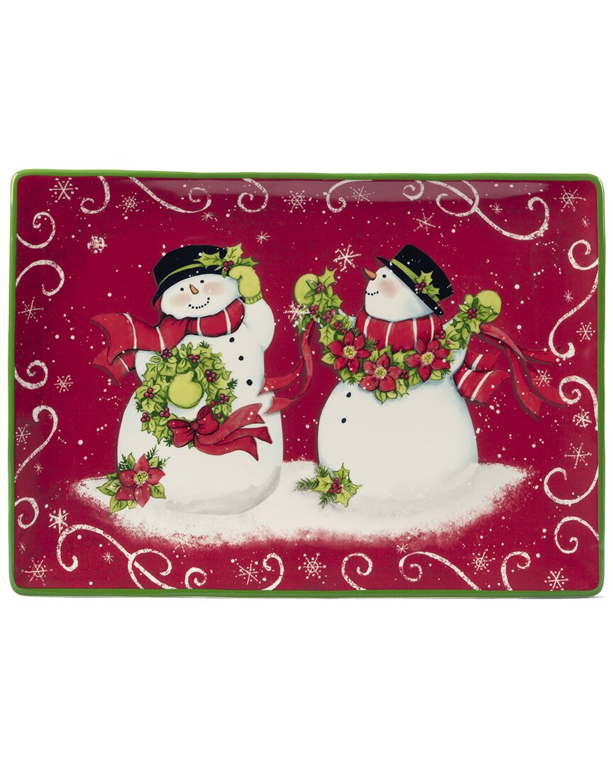 Certified International Holiday Magic Snowman Rectangular Platter, 14" X 10" In Red