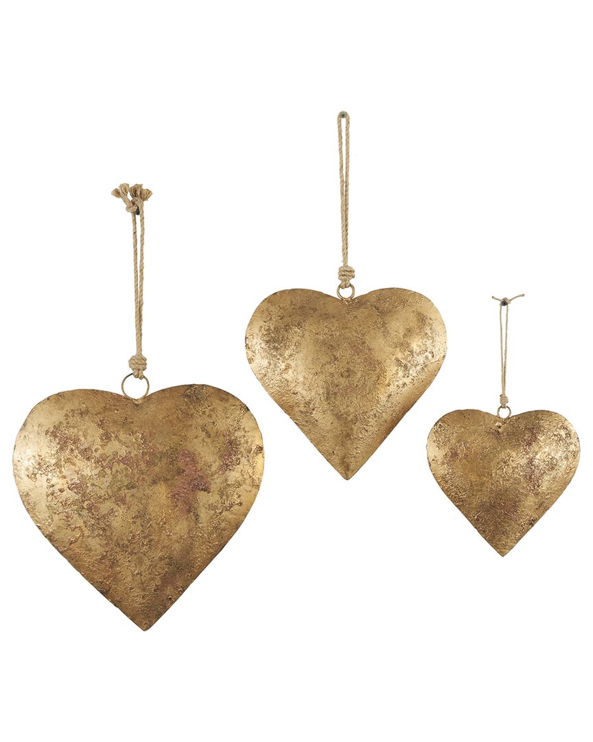 Peyton Lane Set Of 3 Heart Gold Metal Decorative Bell With Hanging Rope In Metallic