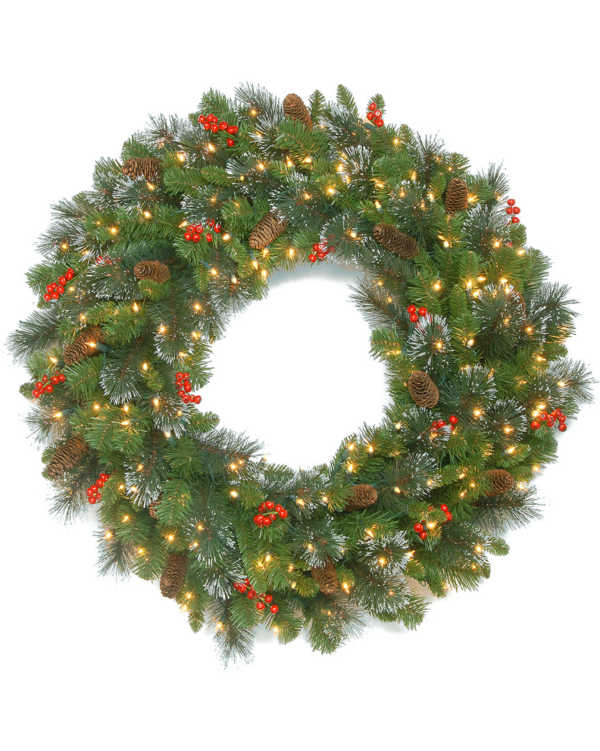 National Tree Company 30in Crestwood Spruce Wreath With Cones, Red Berries, Glitter And 70 Led Light
