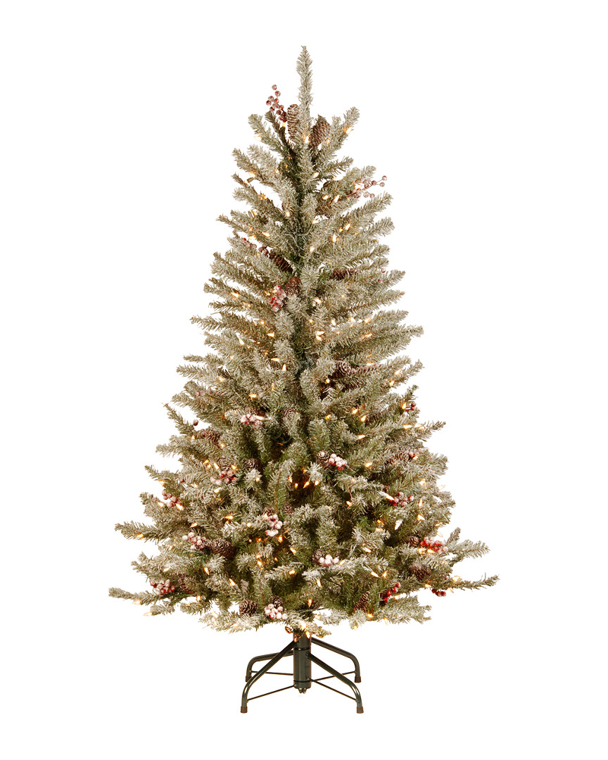 National Tree Company 4.5 ' Dunhill Fir Slim Hinged Tree With Snow, Red Berries, Cones & 350 Clear L