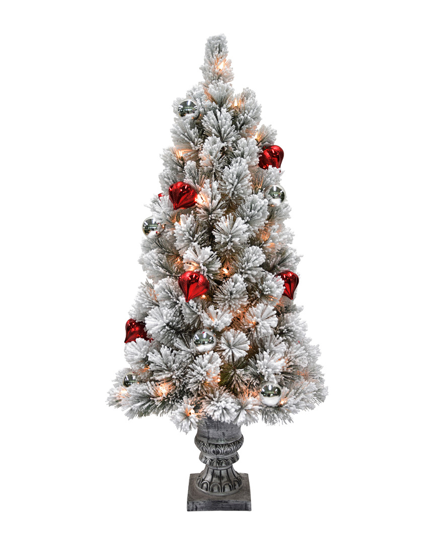 National Tree Company 4' Snowy Bristle Pine Entrance Tree With Red & Silver Ornaments With 70 Clear Lights In Silver Pot