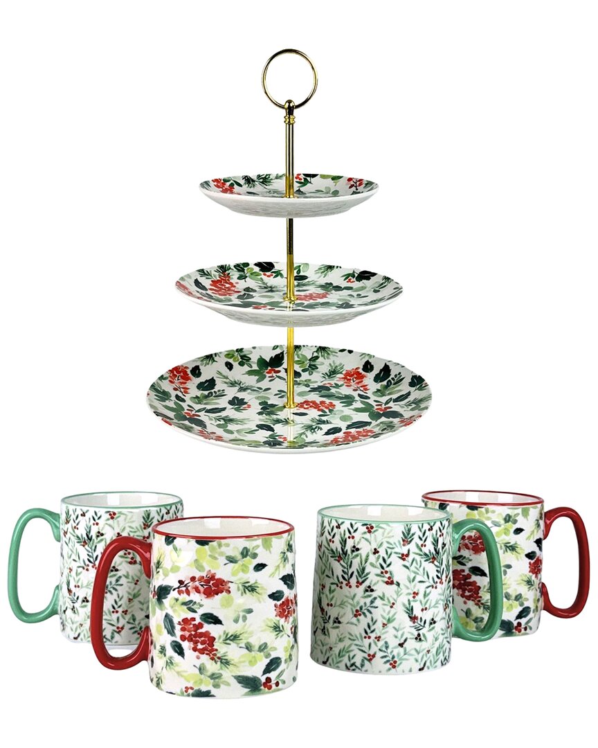 10 Strawberry Street Holly Hosting Set - 3 Tier Serving Stand & 4 Mugs In Multi