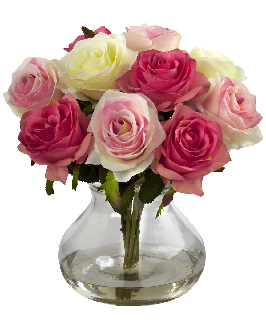 Nearly Natural Rose Arrangement W/vase In Dark Pink