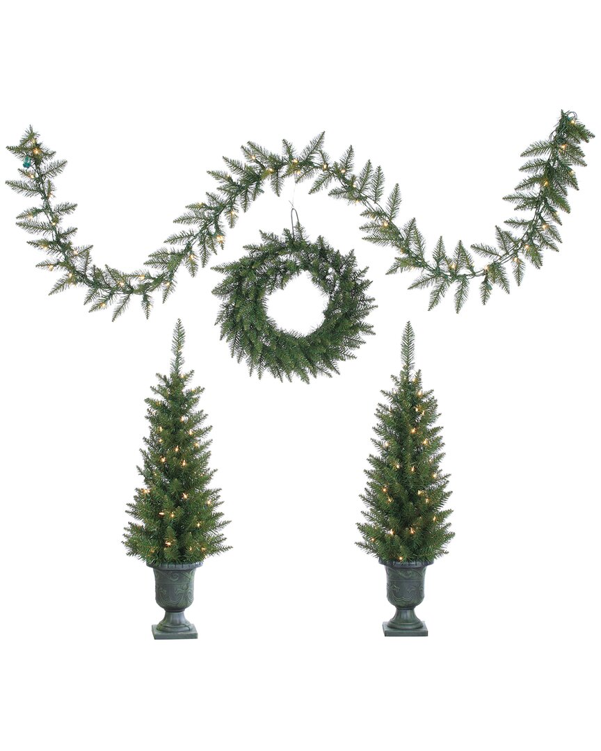 Sterling Tree Company 4pc Norway Pine Set, Pre-lit Potted Trees, Unlit Wreath, And Pre-lit Garland In Green