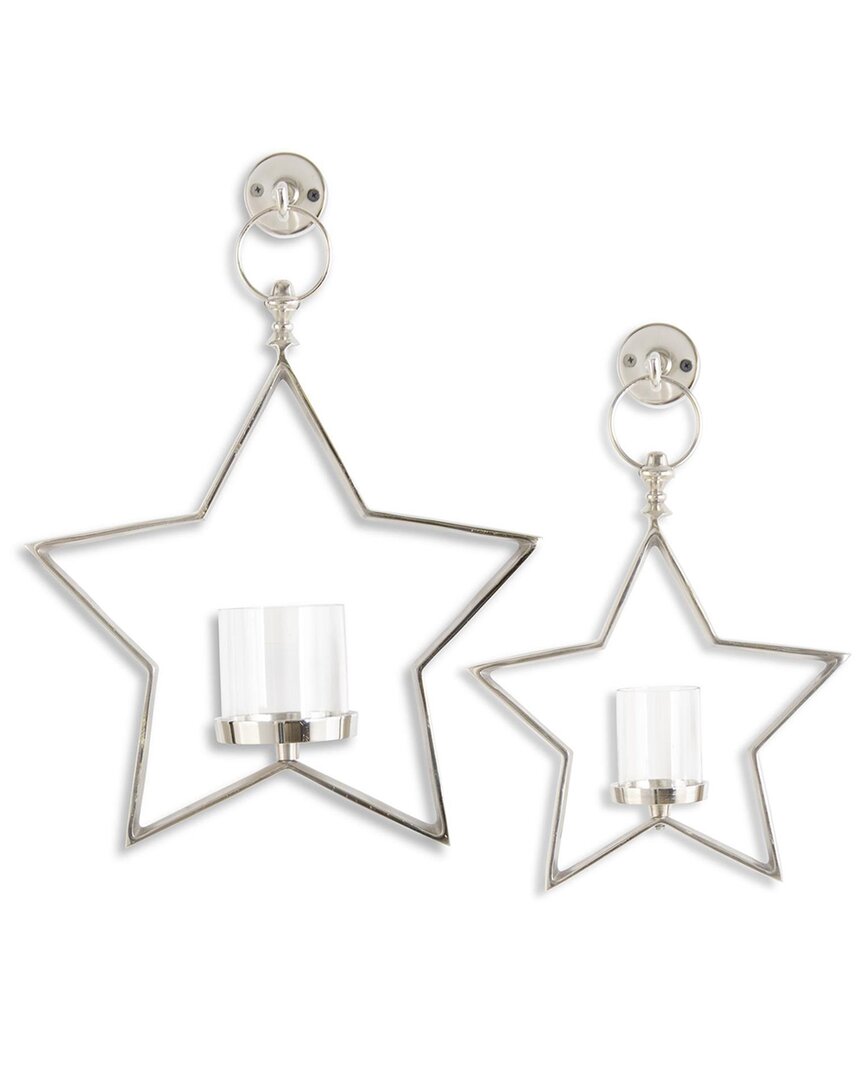 K & K Interiors Set Of 2 Metal Star Hurricane Candleholders In Silver
