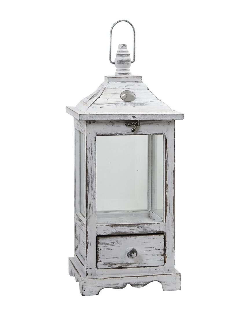 Nearly Natural Distressed Wooden Lantern With Drawer In White