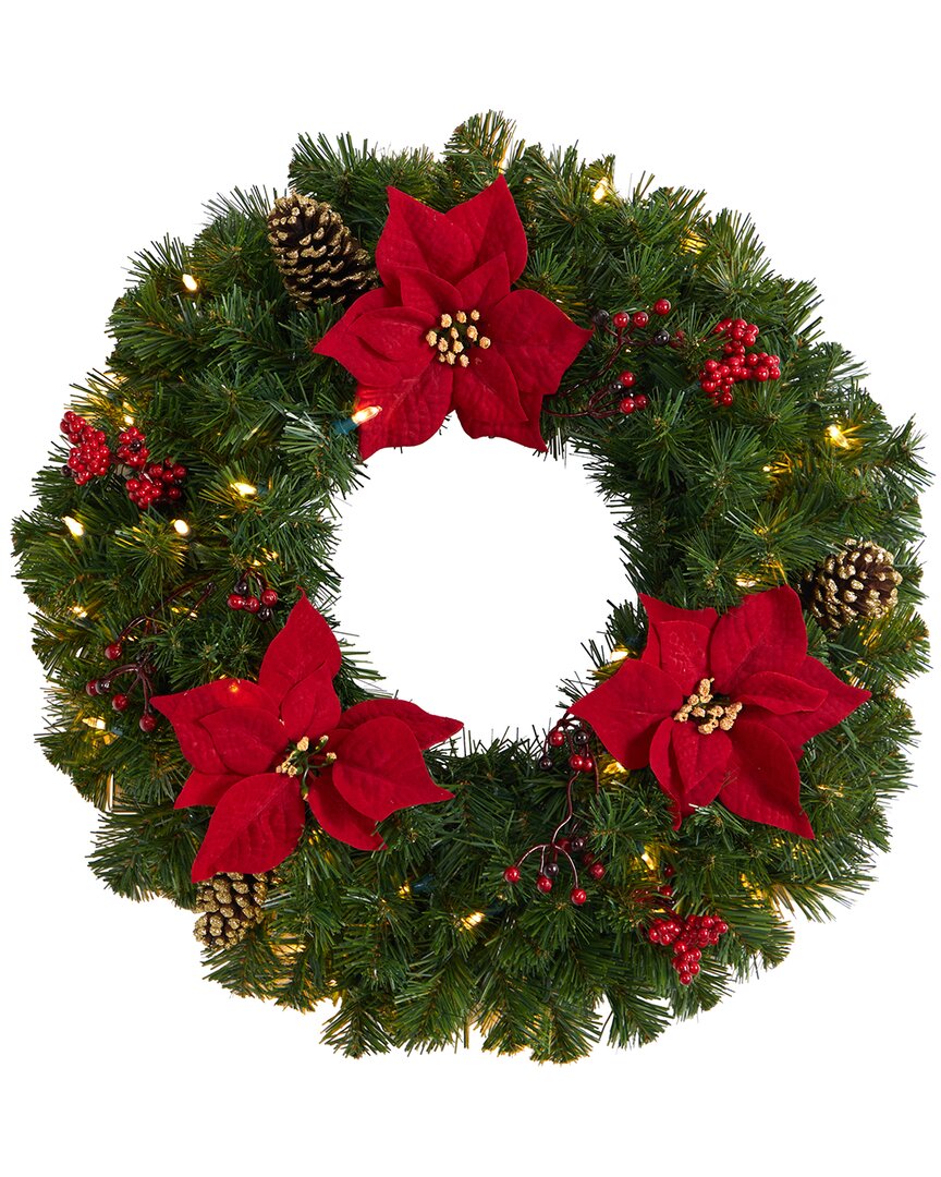 Nearly Natural Poinsettia, Berry And Pinecone Artificial Wreath With 50 Warm White Led Lights In Green