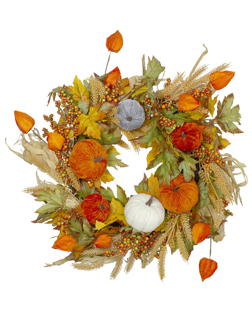 Shop Northlight Velvet Pumpkins & Wheat Artificial Fall Harvest Wreath In Orange