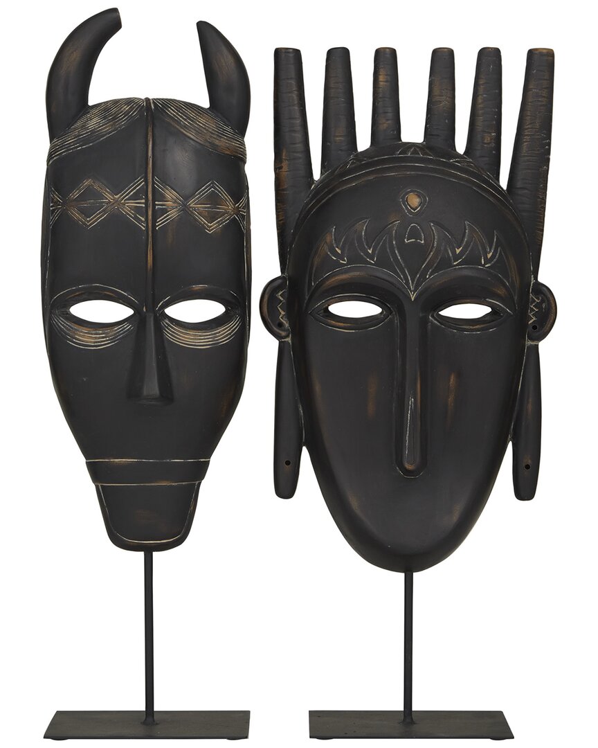 Peyton Lane Set Of 2 Mask Polystone Handmade Carved Sculpture In Black