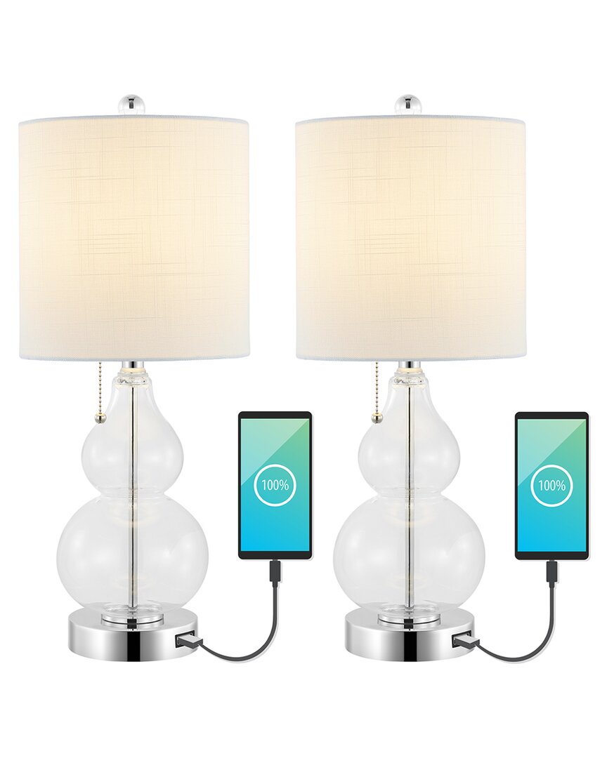 Jonathan Y Cora 22in Set Of 2 Classic Vintage Glass Led Table Lamp With Usb Charging Port In Silver