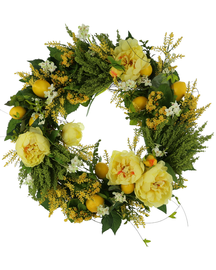 Creative Displays 28in Yellow Peony, Lemon & Green Heather Wreath In Multicolor