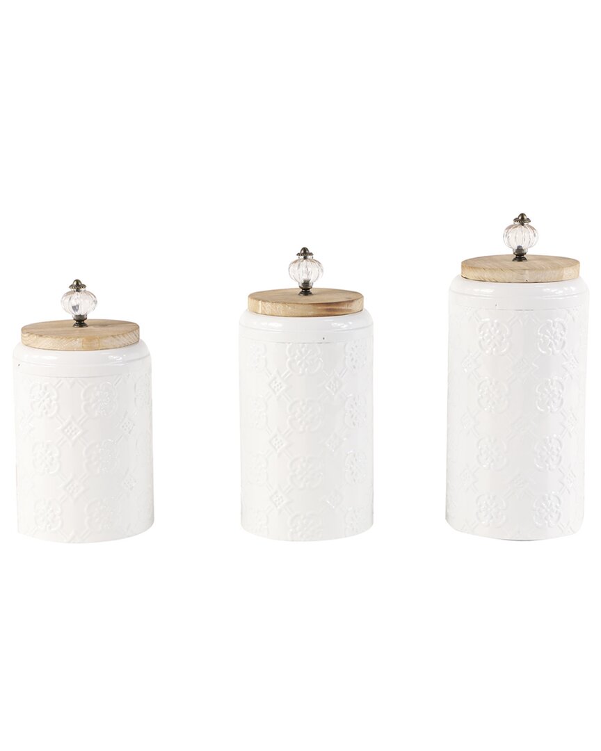 Peyton Lane Set Of 3 Floral Metal Decorative Jars With Wood Lids In White