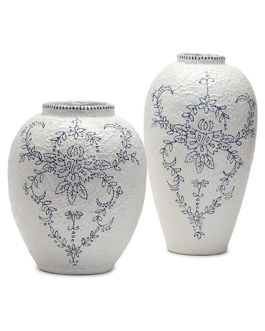 Two's Company Set Of 2 Blue And White Vases In Blue