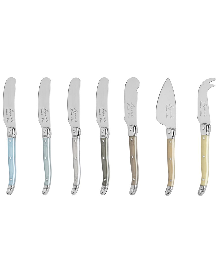 French Home Laguiole 7pc Mother Of Pearl Cheese Knife And Spreader Set In Pearlized Shades Of Pewter Green/sage/
