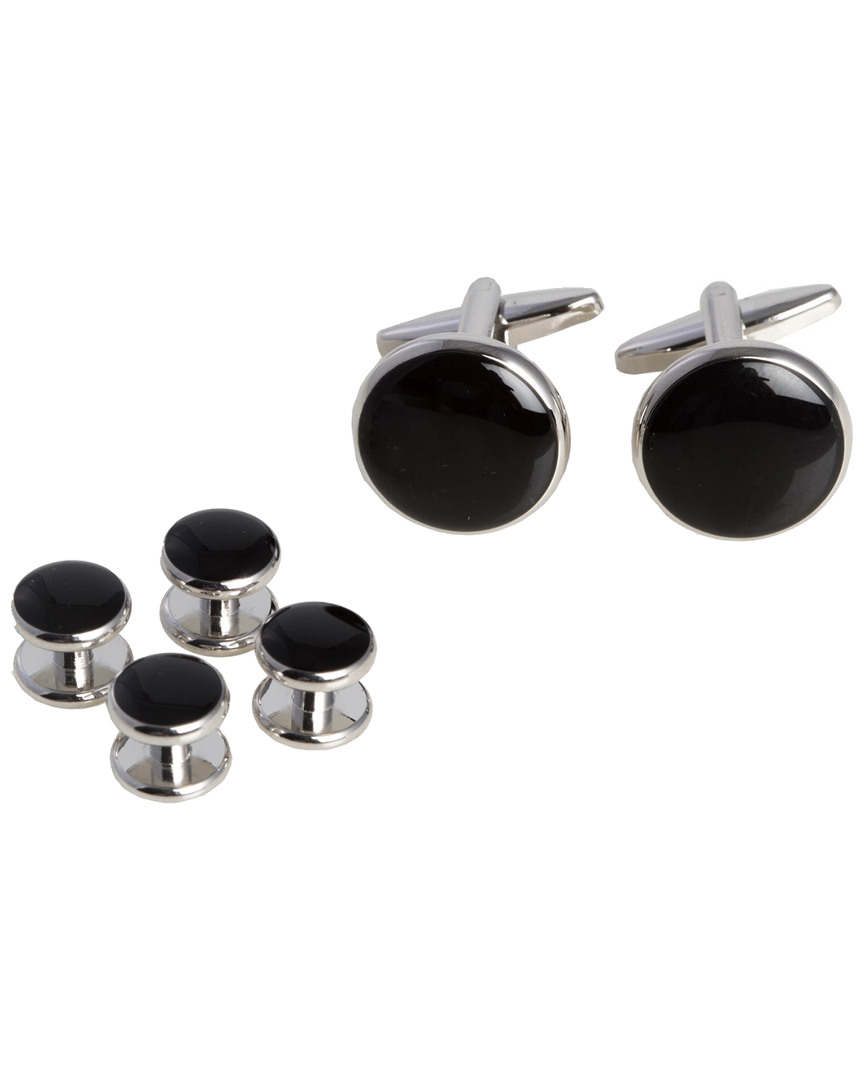 Bey-berk Black Enameled Rhodium Plated Cufflinks & Studs