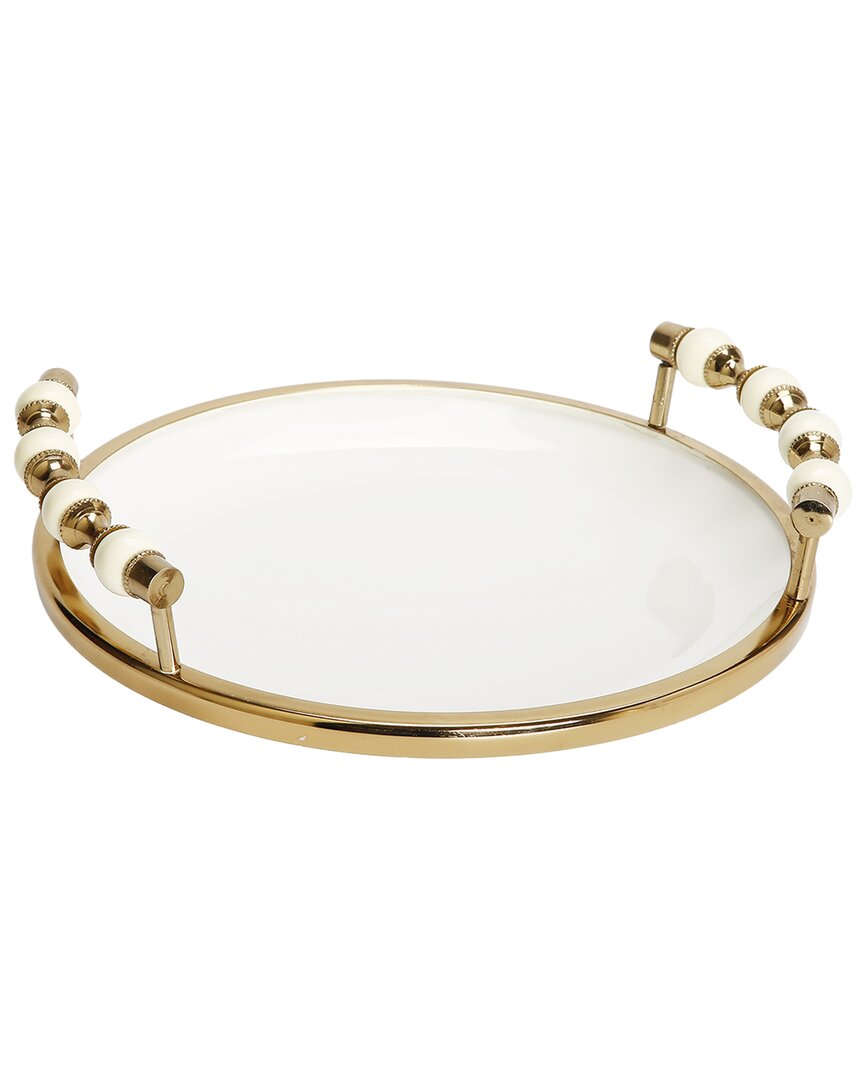 Alice Pazkus Flat Round Plate With Beaded Handles In White