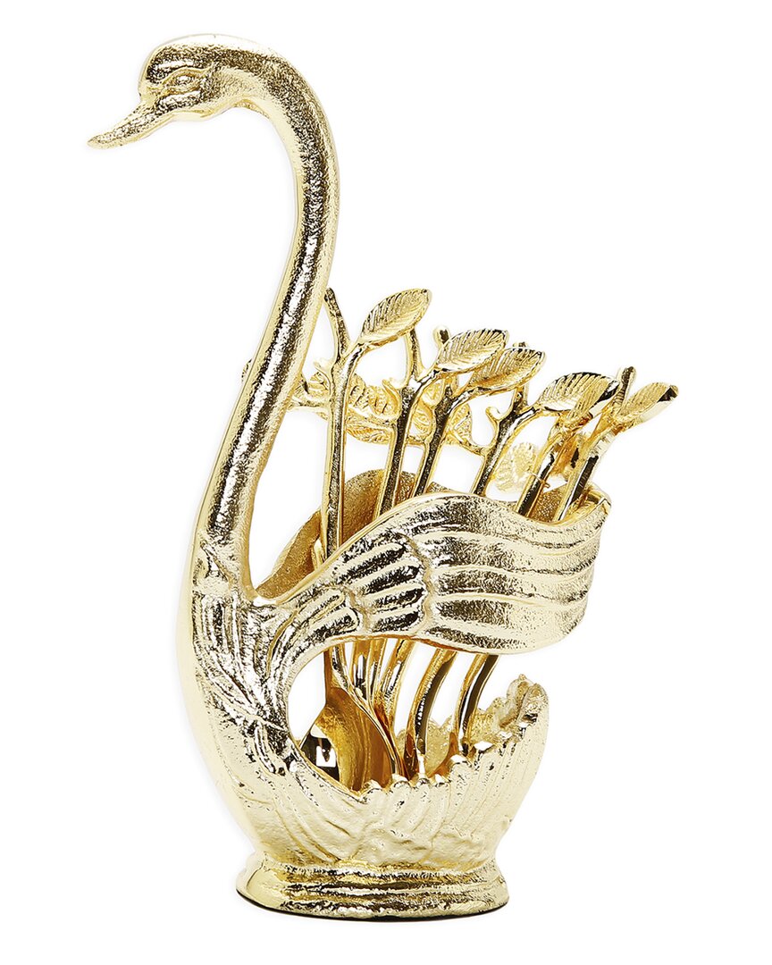 Alice Pazkus Swan Dessert Spoon Holder With 6 Spoons In Gold
