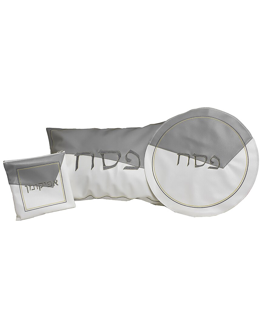 Noble Gift White And Grey Leatherette Passover Seder Set With Gold Stitch Detail