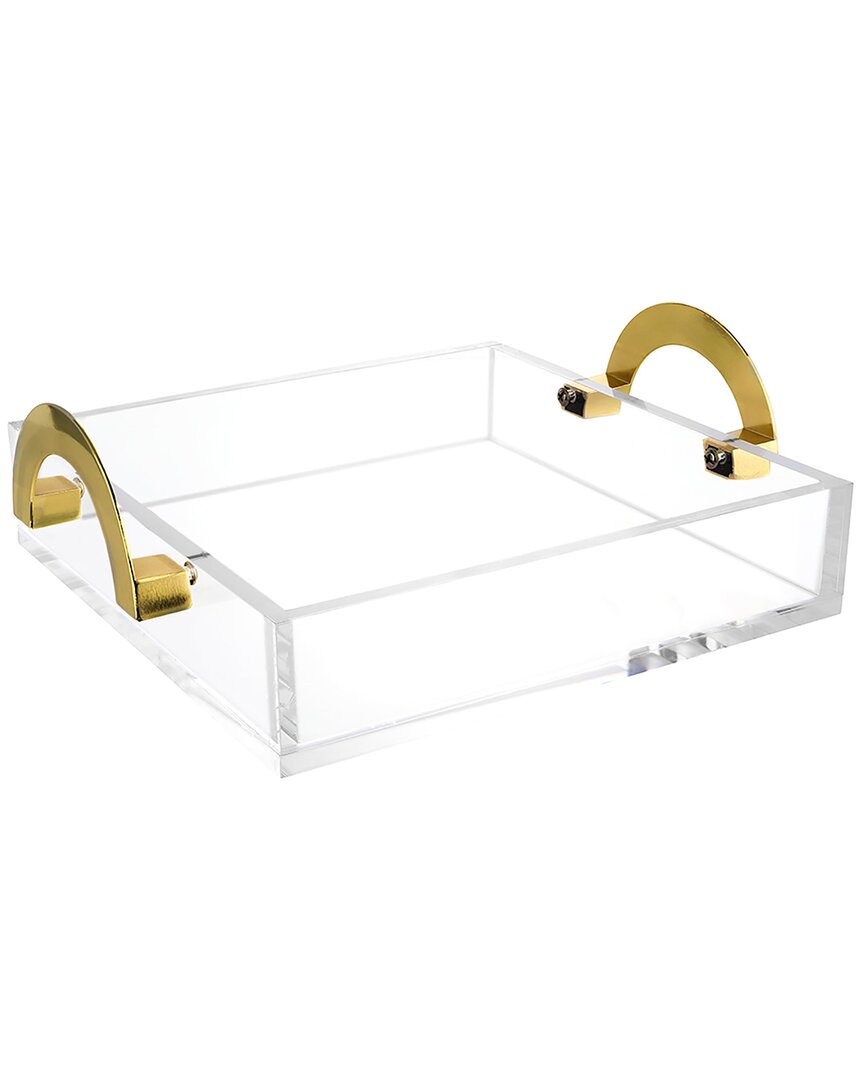 Noble Gift Clear Lucite Tray With Gold Metal Handles In Transparent