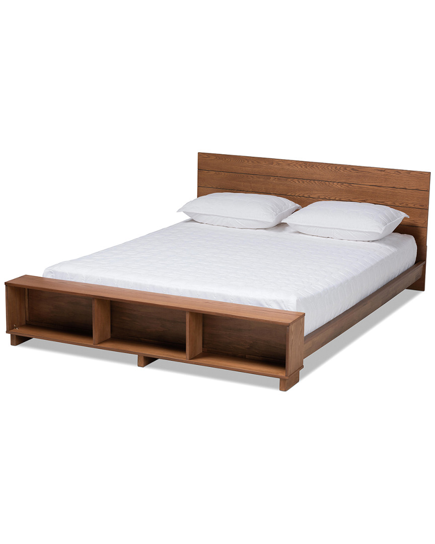 Baxton Studio Walnut Brown Finished Wood Full Size Platform Storage Bed With Built-in Shelves