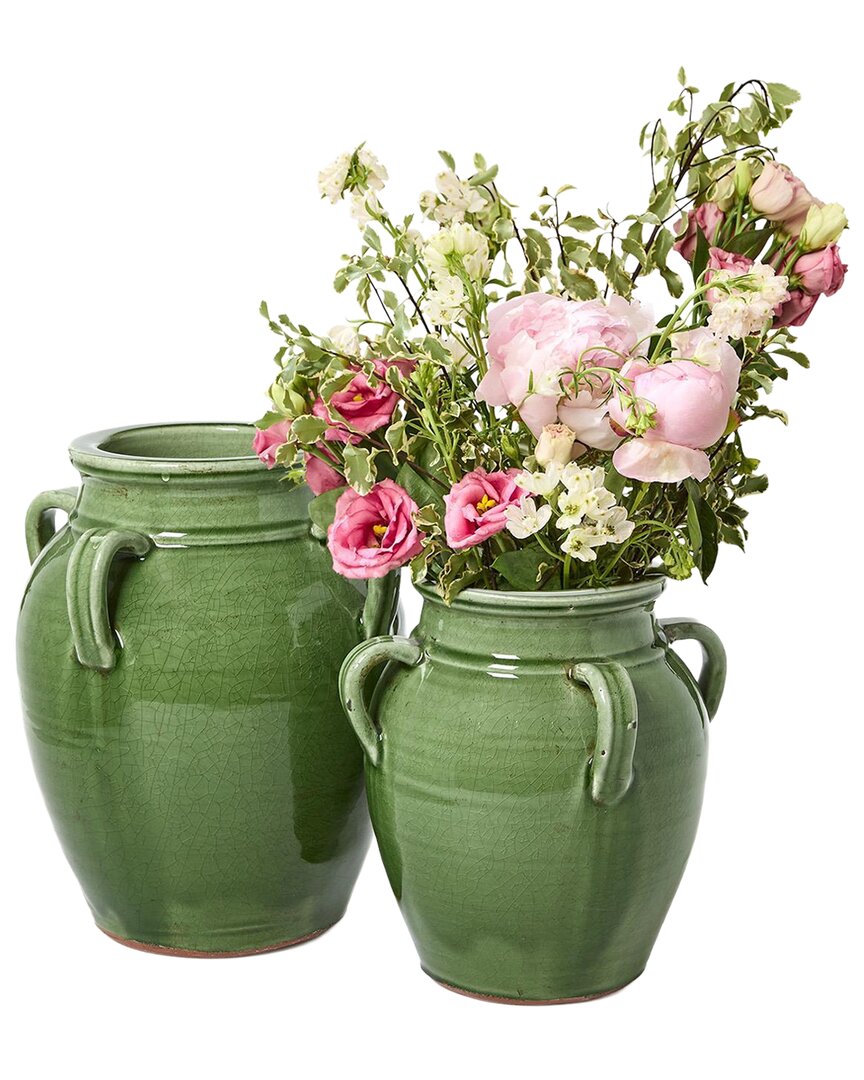 Tozai Two's Company Set Of 2 Four-handled Jars In Green