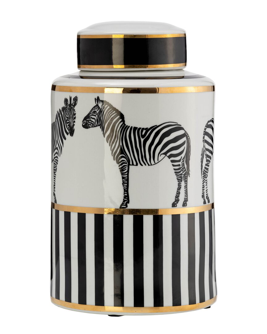 Sagebrook Home 12in Lidded Zebra Jar In White