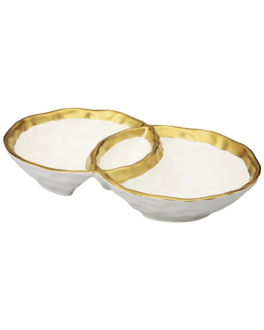 Alice Pazkus 10.75in Gold White Porcelain Round Double Bowl With Gold Rim