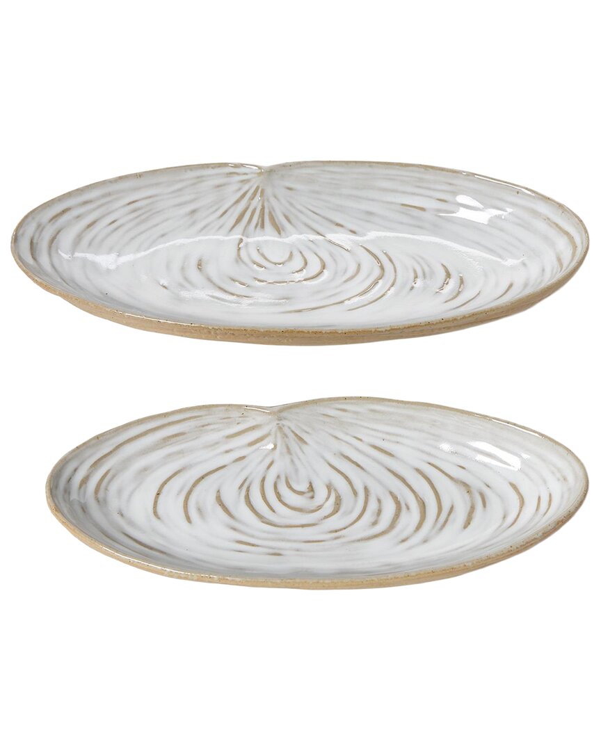 Two's Company Set Of 2 Artisanal Reactive Glaze Shell Tidbit Dish / Trays In White