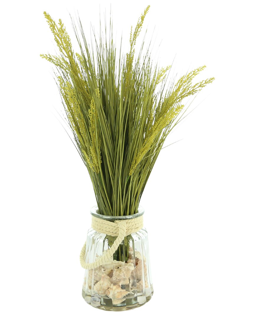 Creative Displays Green Grass Arrangement With Shells In Glass Vase With Rope Handle In Green