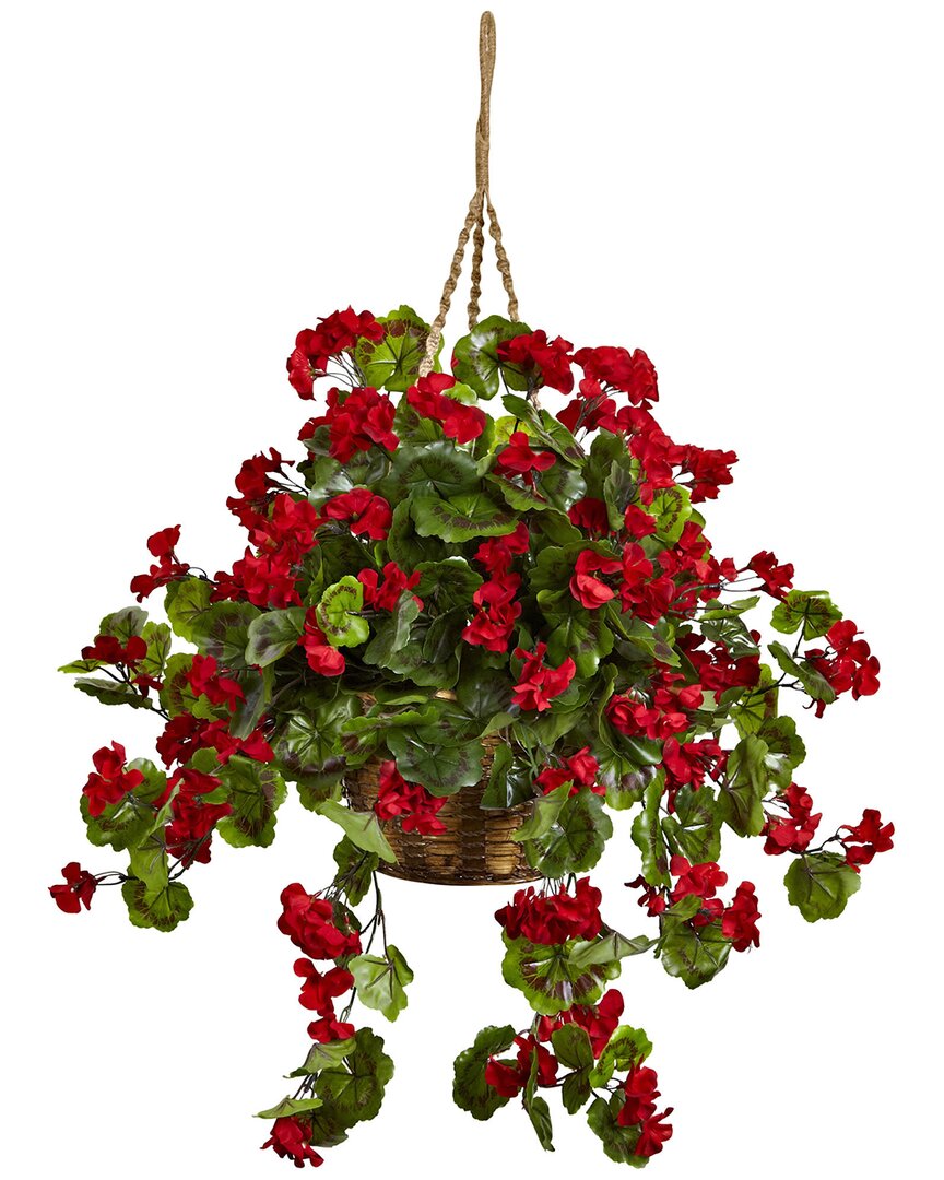 Nearly Natural Geranium Hanging Basket Uv Resistant (indoor/outdoor) In Red