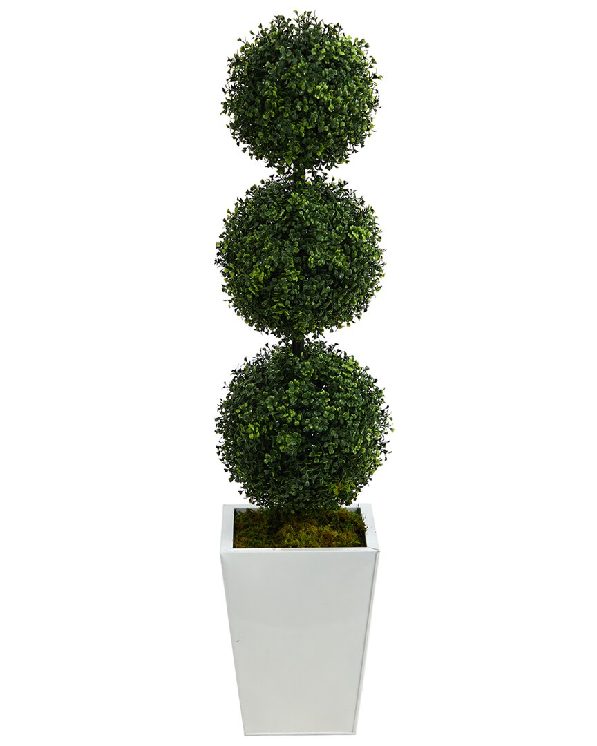 Nearly Natural 46in. Boxwood Triple Ball Topiary Artificial Tree In White Metal Planter (indoor/outdoor) In Green