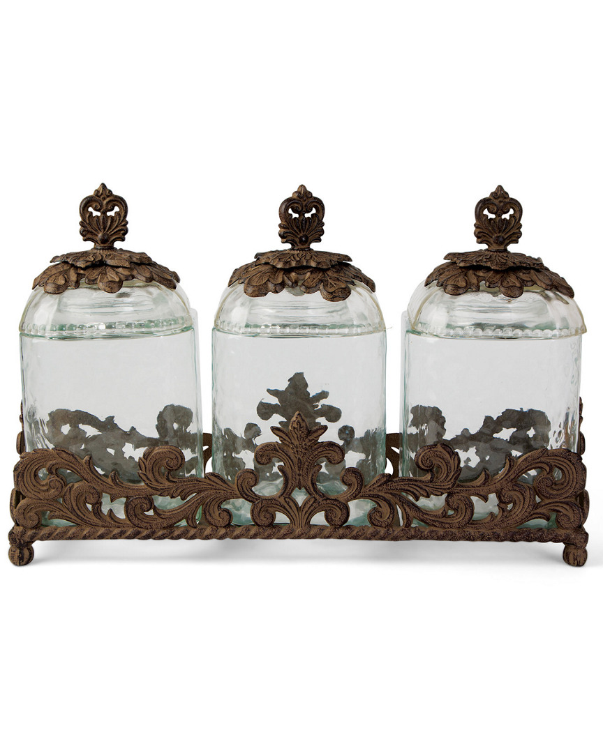 Gerson International Gg Collection 3-piece Glass Canister Set With Acanthus Leaf Metal Base