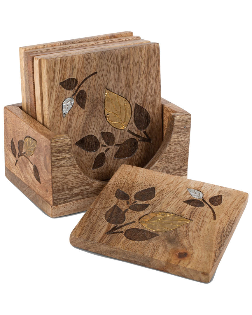 Gerson International Set Of 6 Mango Wood Coasters With Metal Inlay Leaf Design
