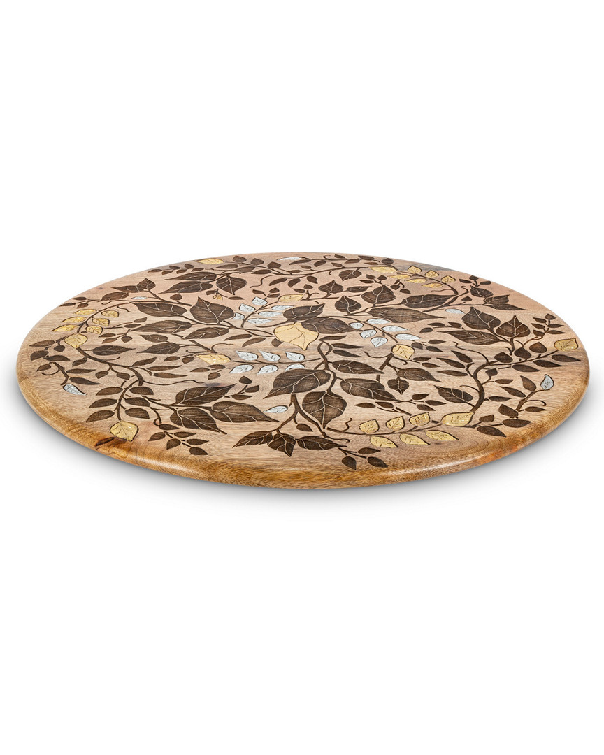 Gerson International Gg Collection Mango Wood With Laser & Metal Inlay Leaf Design Lazy Susan