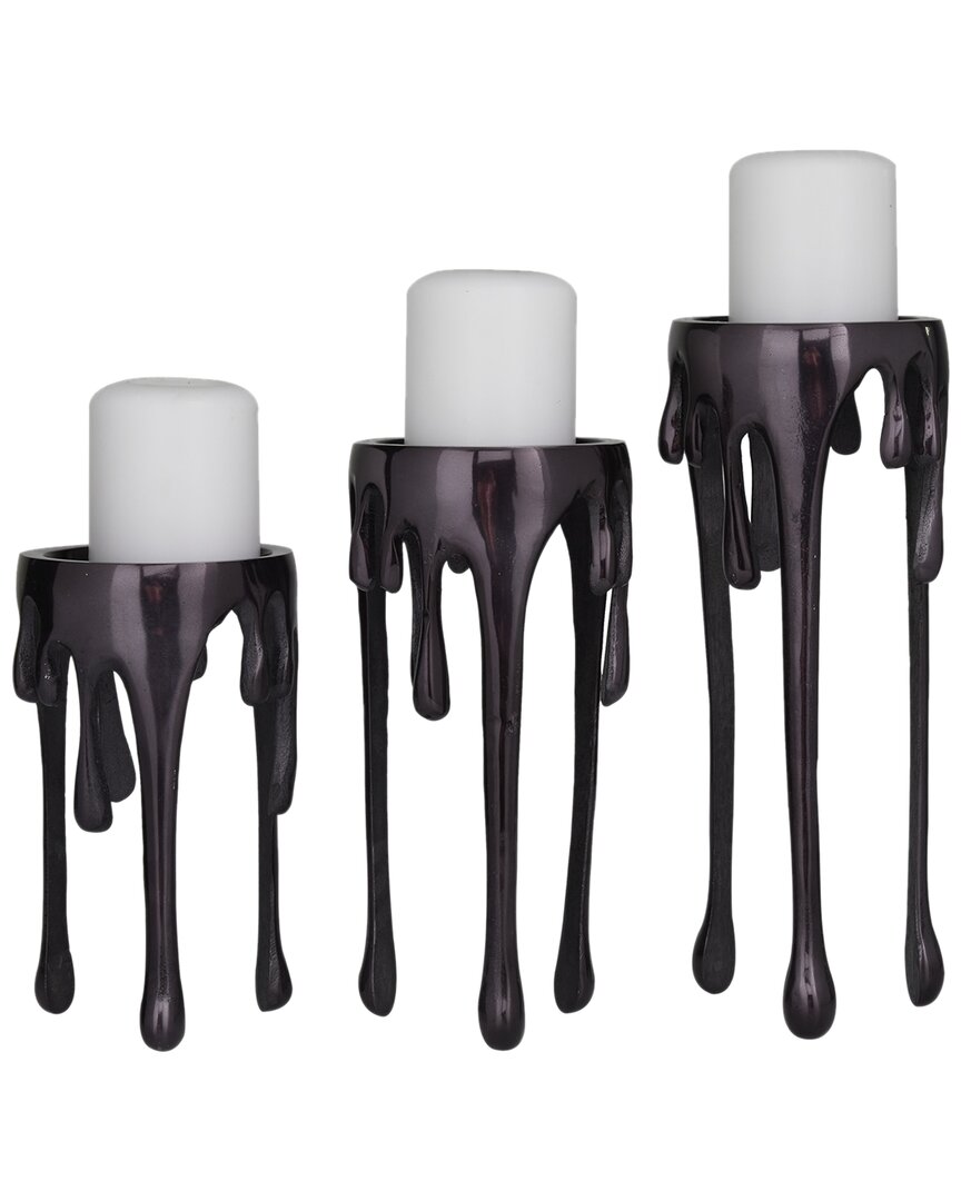Cosmoliving By Cosmopolitan Set Of 3 Aluminum Pillar Candle Holder With Dripping Melting Designed Le In Black