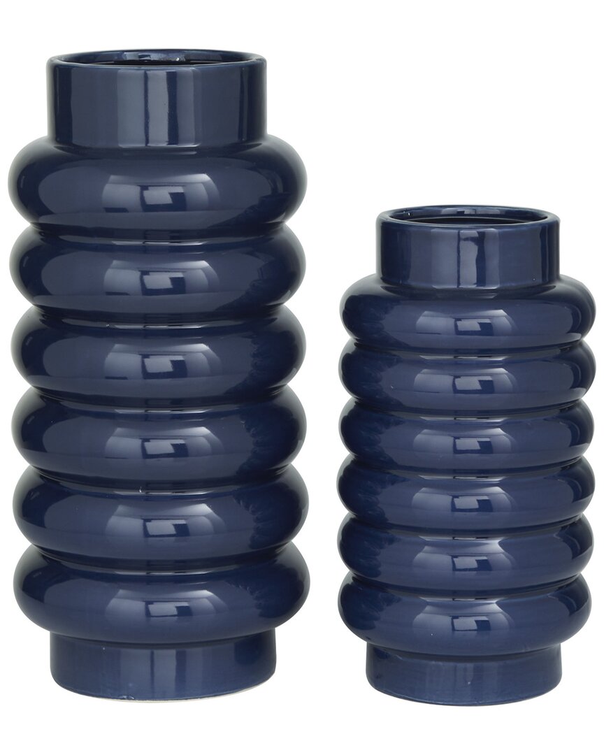 Cosmoliving By Cosmopolitan Set Of 2 Dark Ceramic Vase With Stacked Ring Design In Blue