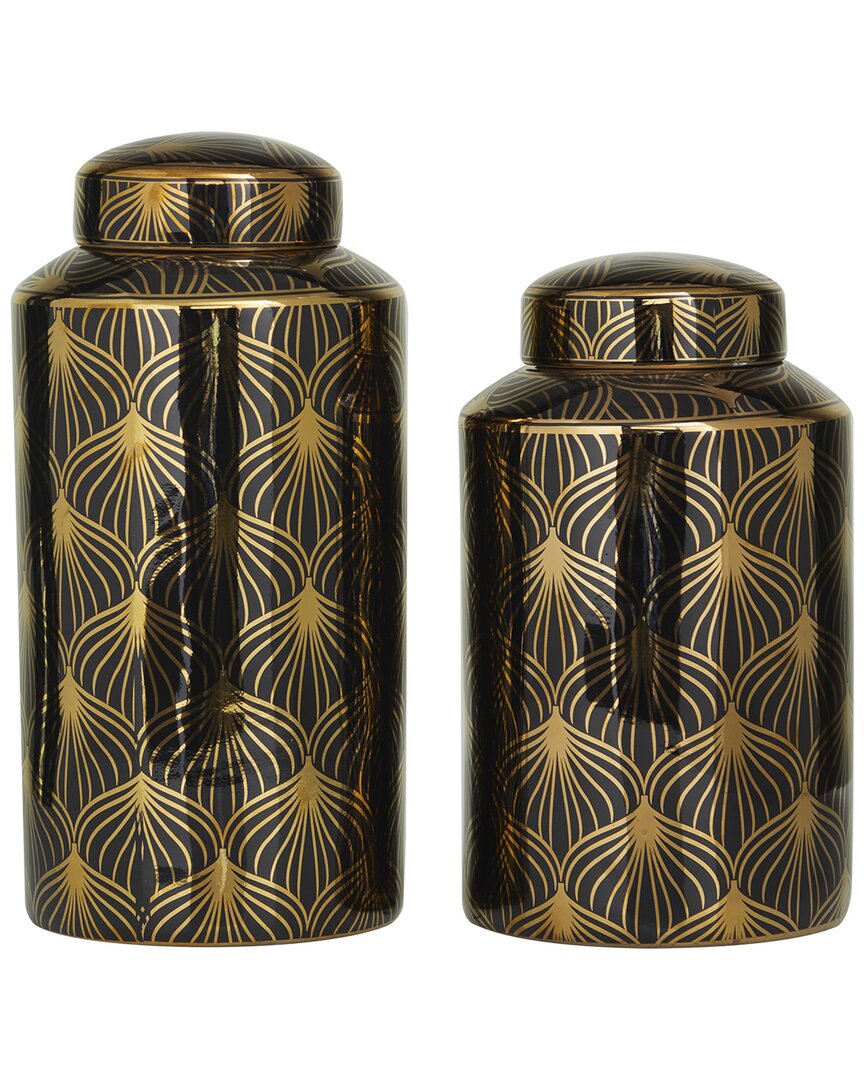 The Novogratz Set Of 2 Floral Black Ceramic Decorative Jars With Gold Accents