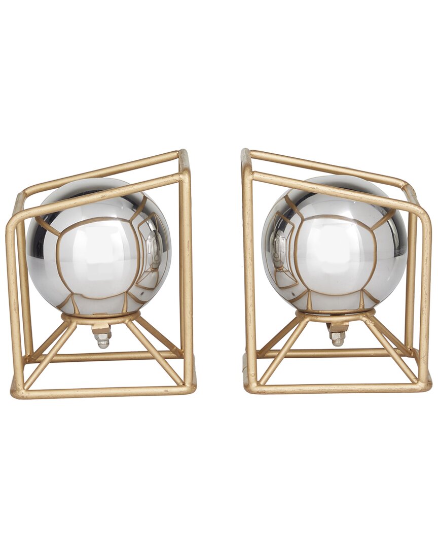 Peyton Lane Set Of 2 Geometric Stainless Steel Orb Bookends With Base In Silver