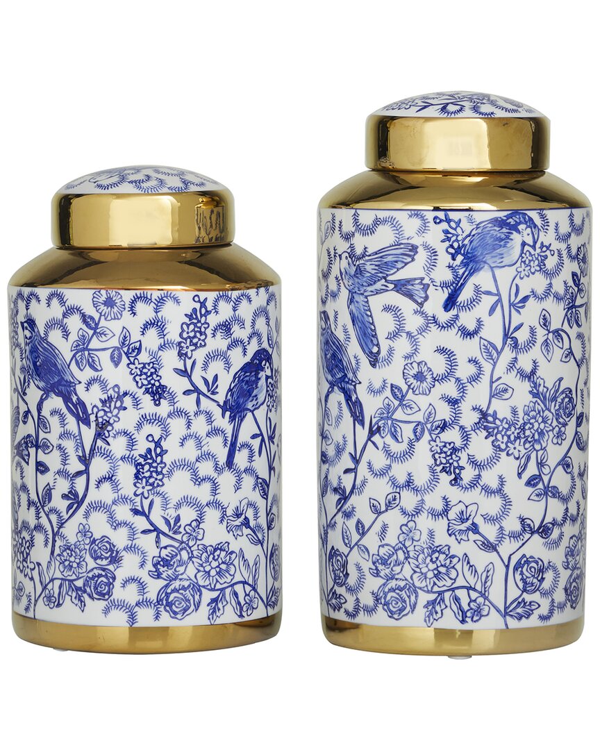 The Novogratz Set Of 2 Floral Blue Ceramic Decorative Jars With Gold Accents