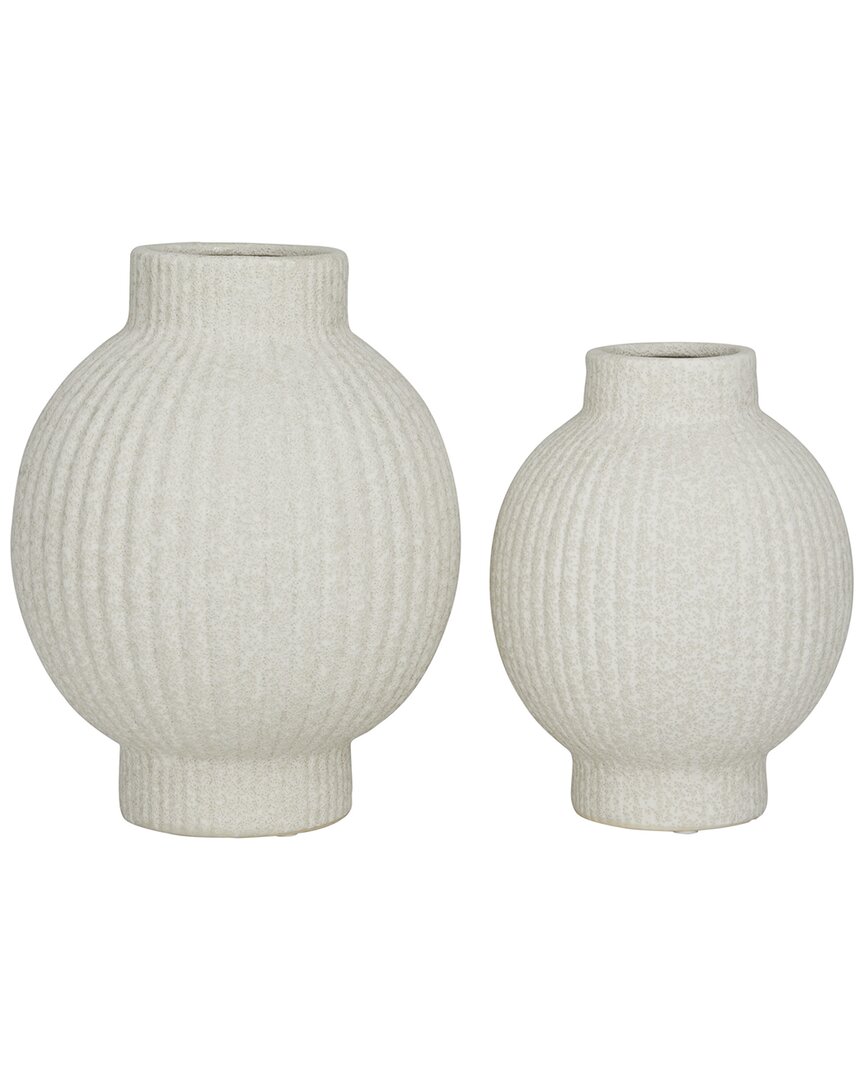 Cosmoliving By Cosmopolitan Set Of 2 Ceramic Ribbed Vase In White