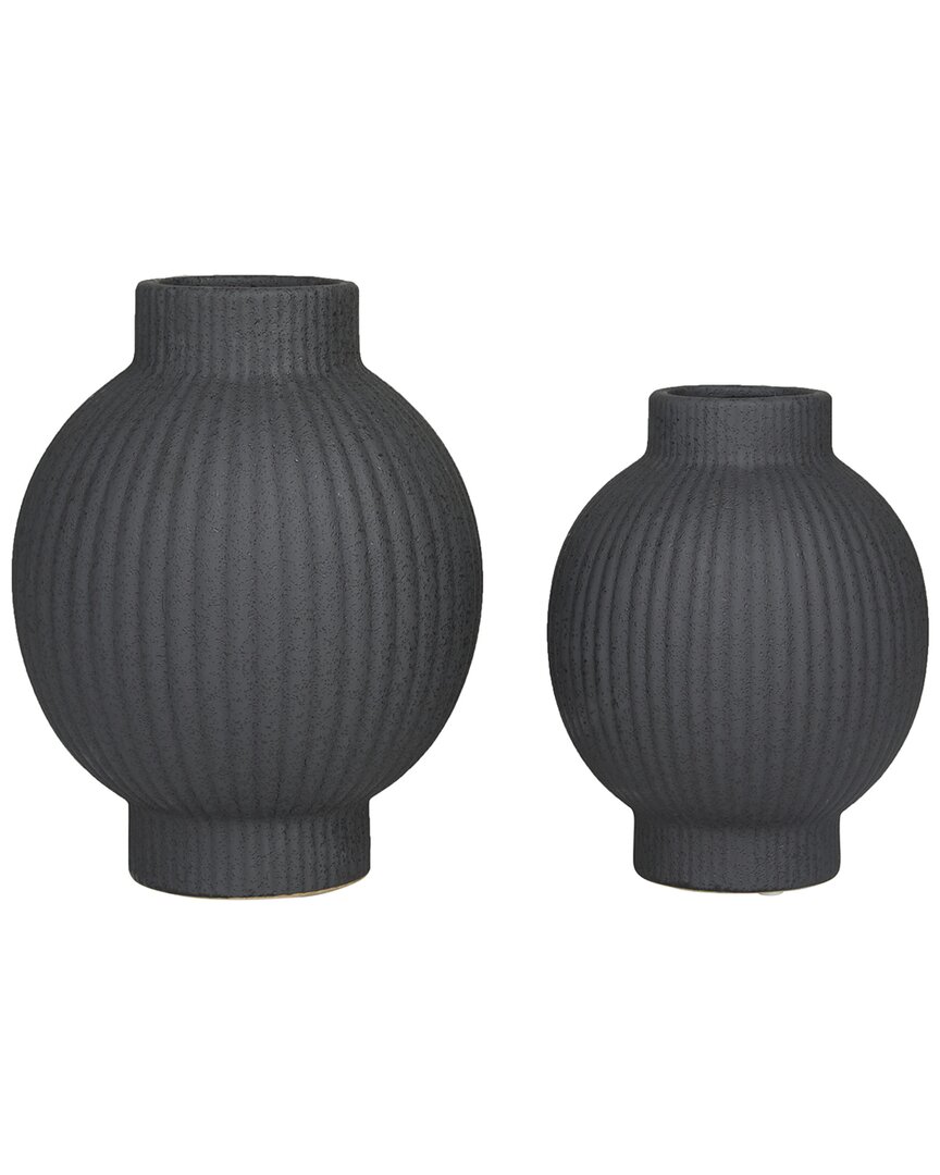 Cosmoliving By Cosmopolitan Set Of 2 Ceramic Ribbed Vase In Black