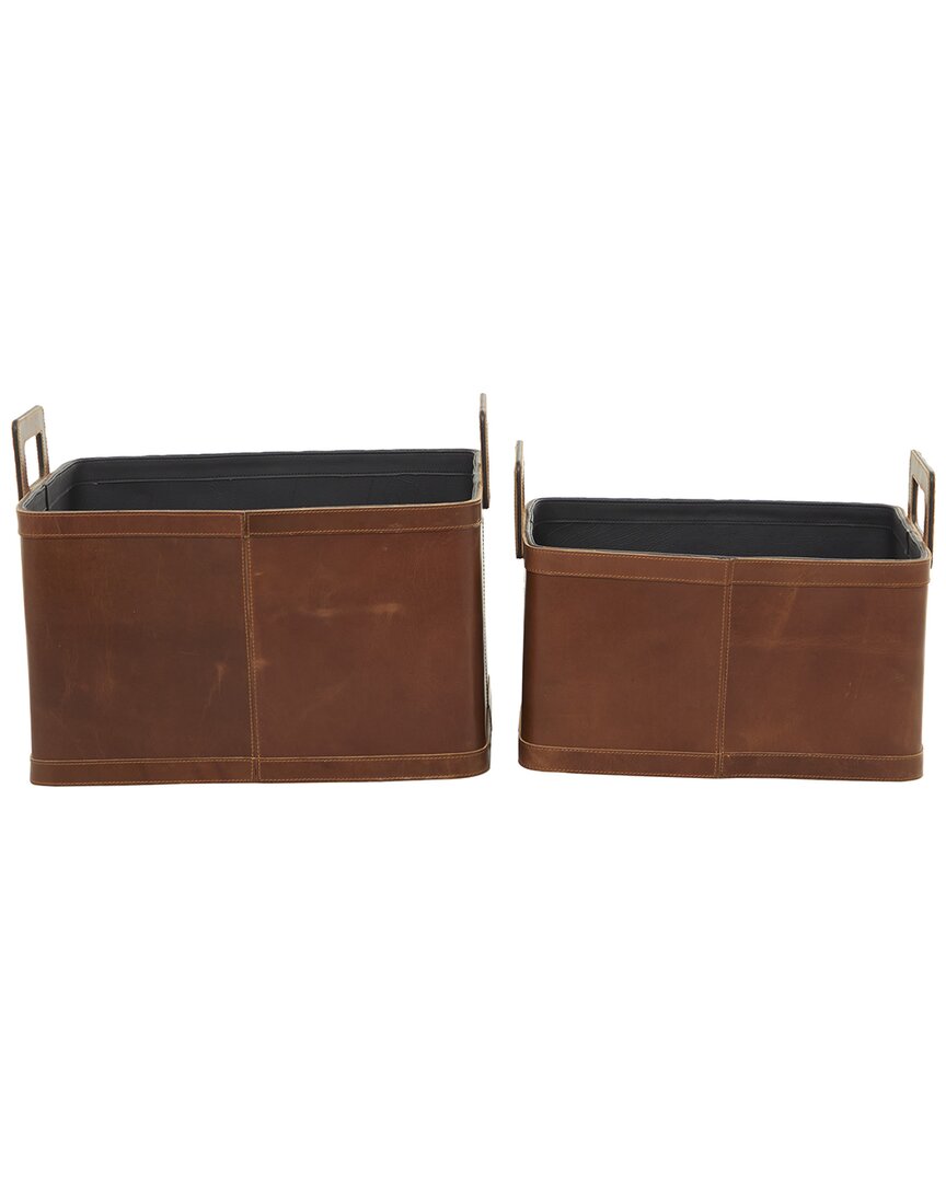 Peyton Lane Set Of 2 Modern Rectangle Leather Storage Basket With Handles In Brown
