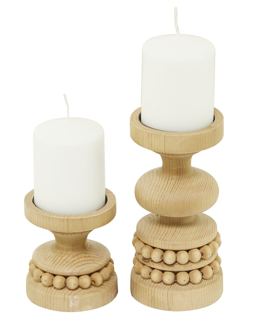 The Novogratz Set Of 2 Brown Wood Beaded Pillar Candle Holder