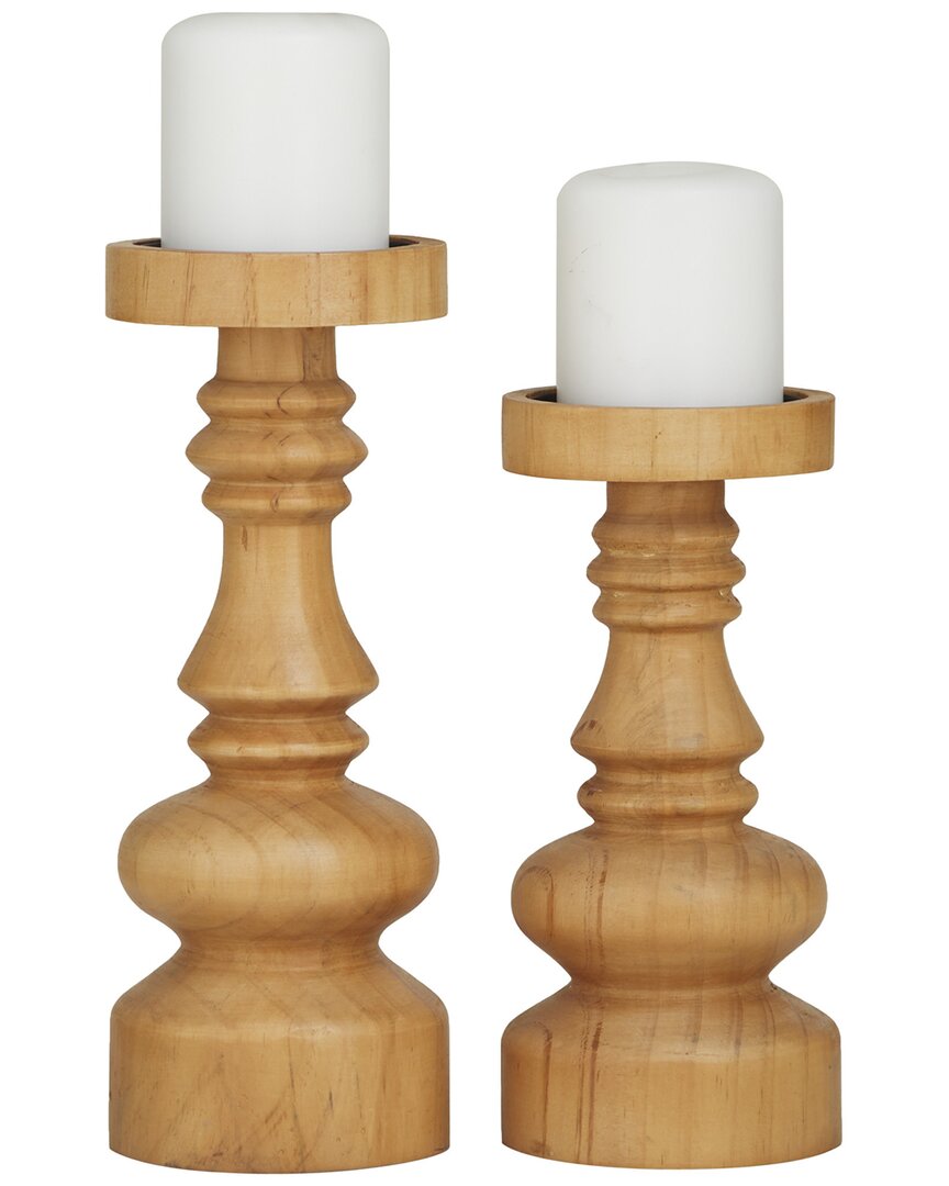 The Novogratz Set Of 2 Brown Wood Round Turned Style Pillar Candle Holder